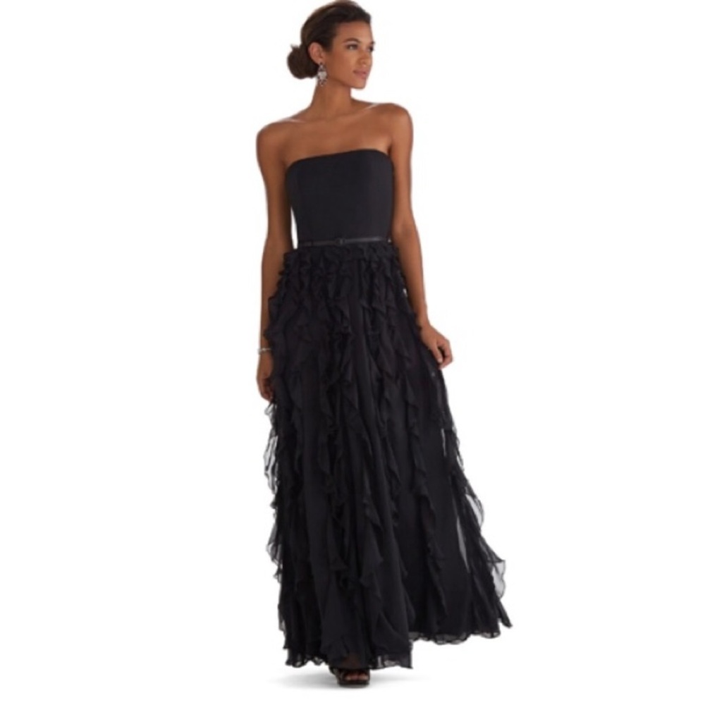 White House Black Market Strapless Ruffle Gown Black Maxi Dress Size 8 Formal